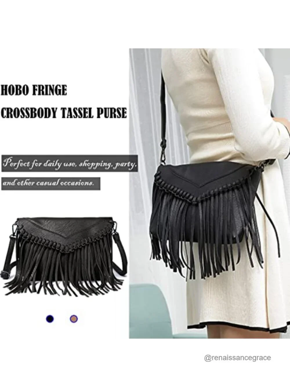 Vegan Leather Fringe Hobo Bag Crossbody Tassel Hippie Purse